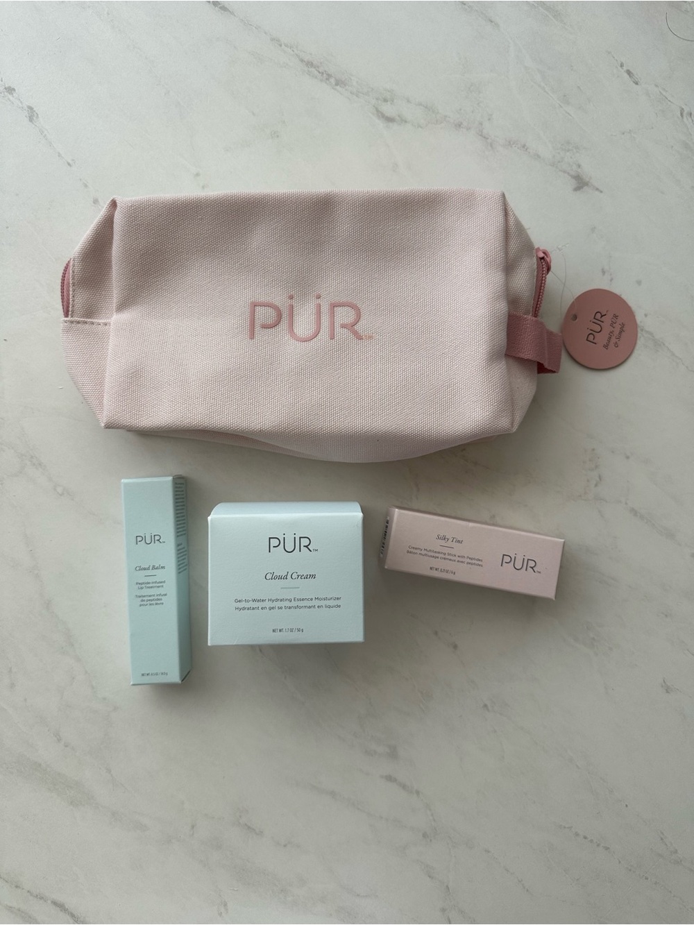 Pur Women Skincare Cream, Balm, Tint with Light Pink Cosmetic Bag